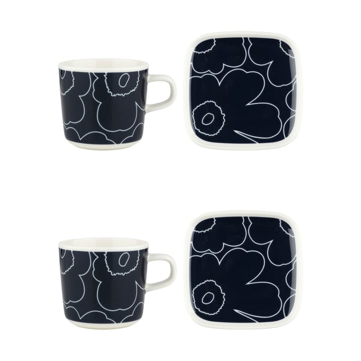 Piirto Unikko kuppi ja lautanen setti 20 cl 4 osaa, White-dark blue Marimekko