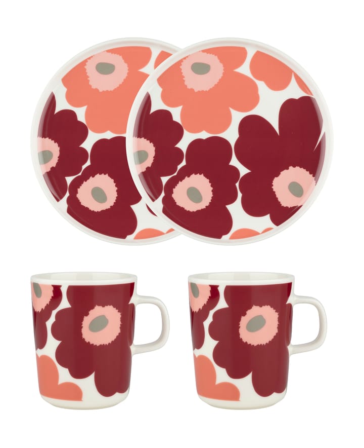 Unikko aamiaissetti, White-dark cherry-salmon red Marimekko