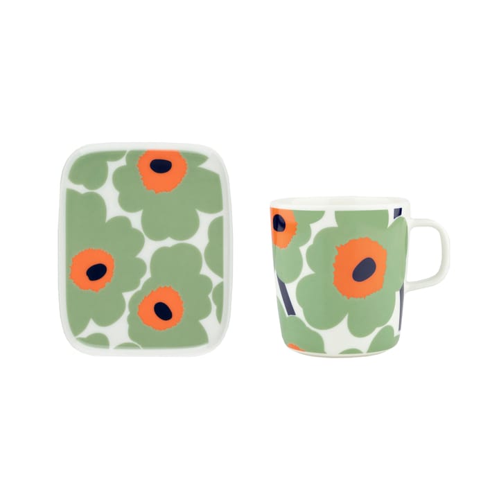 Unikko muki 40 cl + lautanen 12x15 cm, White-sage-orange-dark blue Marimekko