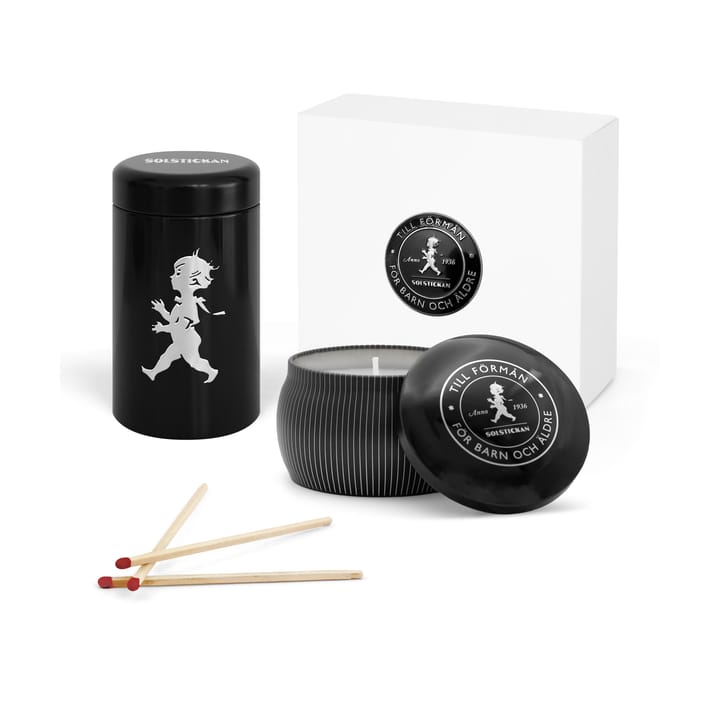 Solstickan lahjapakkaus tuoksukynttilä + tulitikkuaski, Musta-tuoksukynttilä setripuu Solstickan Design