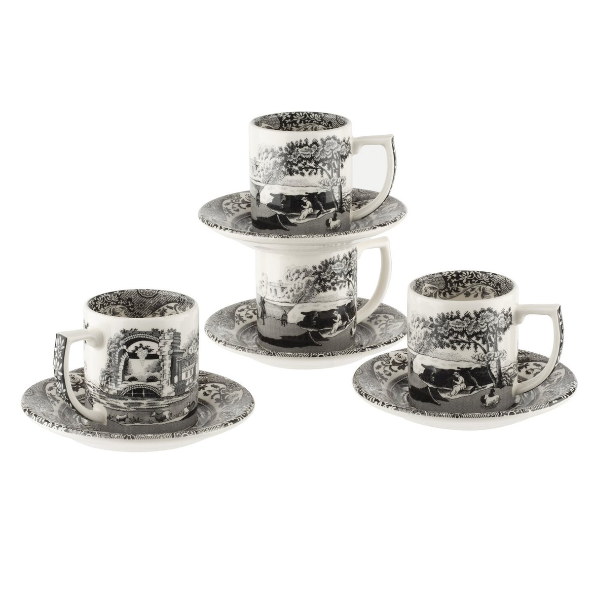 Spode Black Italian -espressokuppi aluslautasella 4-pakkaus 9 cl